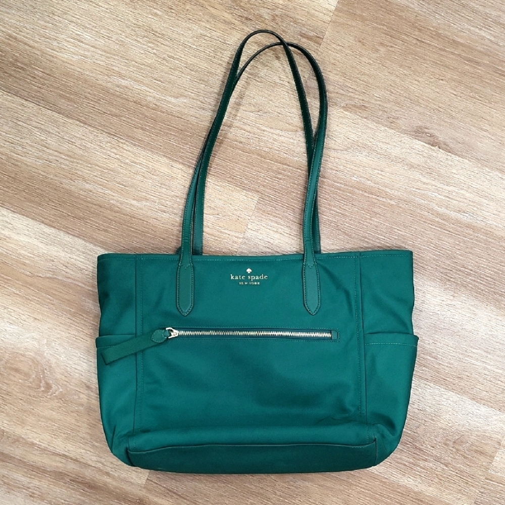 KATE SPADE "Chelsea" Large Green Nylon Tote Bag w/ Gold Hardware